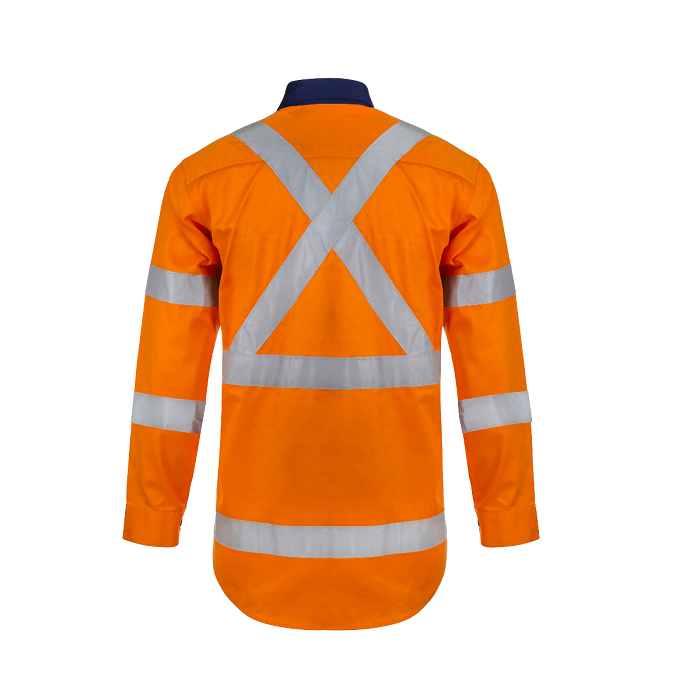 Workcraft WS6020 Hi Vis Two Tone Front Long Sleeve Cotton Drill Shirt with X Pattern CSR Reflective Tape