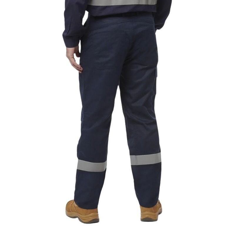 Navy work pants with reflective stripes worn by a person on a white background
