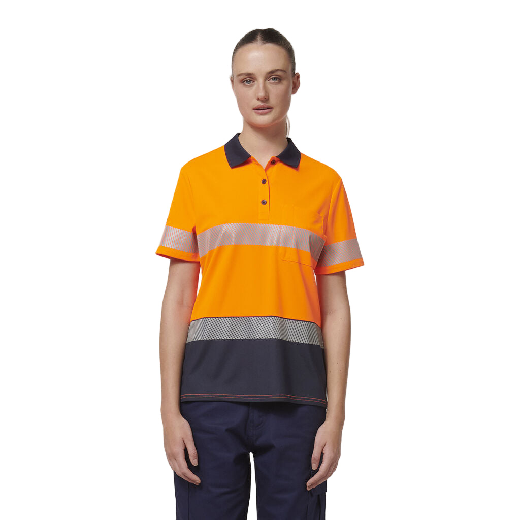 Hard Yakka Y08602 Womens Short Sleeve Hi Vis Taped Polo - Orange/Navy - Alternative Front Model View