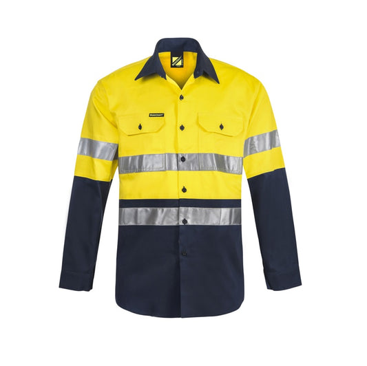 Men's Hi-Vis Yellow/Navy Reflective Tape Work Shirt - Workcraft WS3028 Hi Vis Two Tone Long Sleeve Cotton Drill Shirt with Industrial Laundry Reflective Tape
