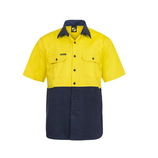 Workcraft WS3023 Hi Vis Two Tone Short Sleeve Cotton Drill Shirt - Men's hi-vis yellow/navy colour work shirt 
