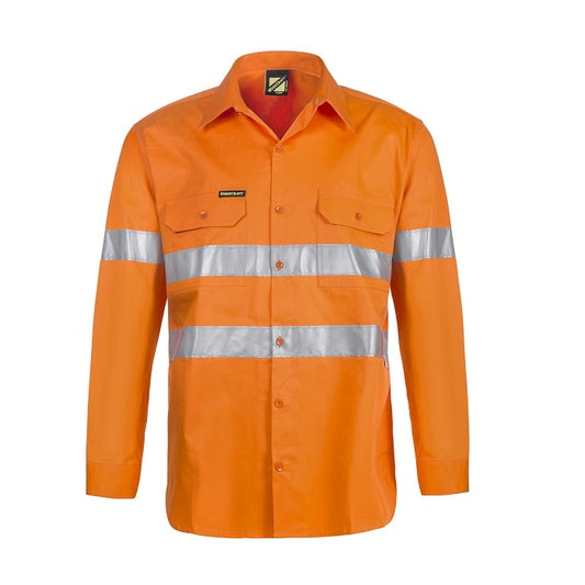 Long sleeve orange Workcraft WS4131 hi-vis vented cotton drill shirt with reflective tape on the sleeves.