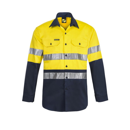 A long sleeve, two-tone (yellow and navy) cotton drill shirt with reflective tape, featuring two front pockets and a left chest pocket with a pen divide.