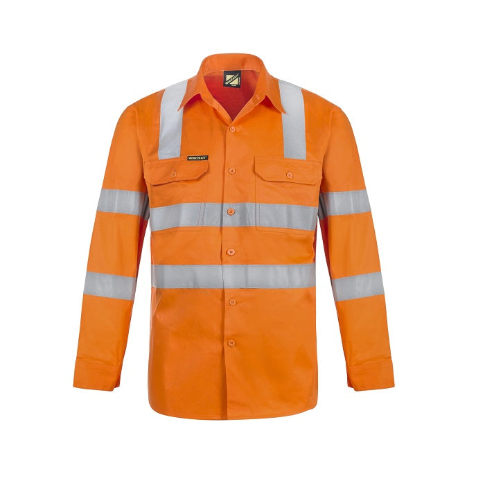 An orange Workcraft WS6011 lightweight high visibility vented cotton drill shirt with reflective CSR tape on the sleeves and chest.