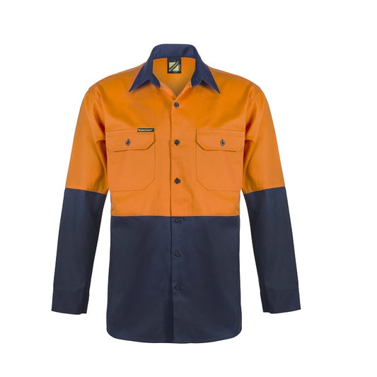 Workcraft WS3022 HiVis 2-Tone Long Sleeve Cotton Orange and Navy Drill Shirt 