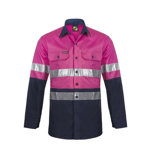 A long-sleeved Workcraft WS4132 cotton drill shirt with reflective tape, featuring a two-tone design with a pink upper section and navy lower section, including two front pockets and a chest pocket with a pen divide.