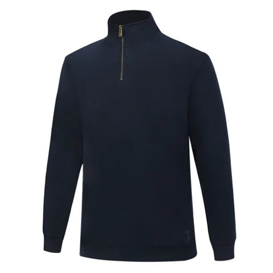 Navy blue long-sleeve shirt with a quarter zip on a white background