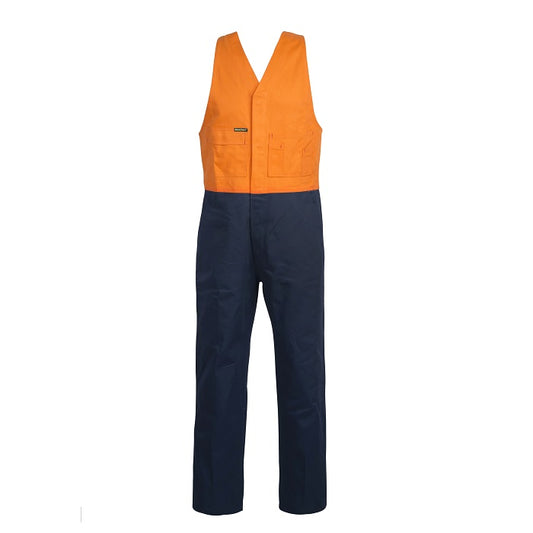 Workcraft WR3063 Two Tone Cotton Drill Roughall with metal press stud front closure, back elastic straps, front angled pockets, back right patch pocket, right chest safety pocket and left chest pocket with pencil and ruler divide. Reinforced stress points visible.