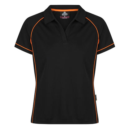 A black Aussie Pacific Endeavour ladies polo shirt with orange contrast piping and a V-neck collar.