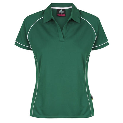 A green and white Aussie Pacific Endeavour ladies polo shirt with contrast piping at the raglan, side panel, and sleeve cuff, displayed on a plain background.