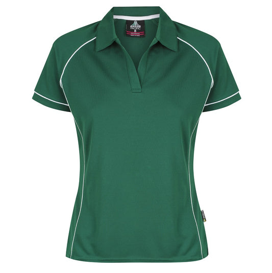 A green and white Aussie Pacific Endeavour ladies polo shirt with contrast piping at the raglan, side panel, and sleeve cuff, displayed on a plain background.