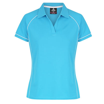 A blue and white coloured Aussie Pacific Endeavour ladies polo shirt with contrast piping and a V-neck collar.