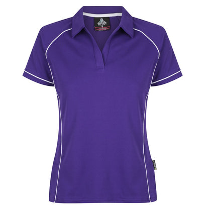 A purple and white colored Aussie Pacific Endeavour ladies polo shirt with contrast piping and a V-neck collar.