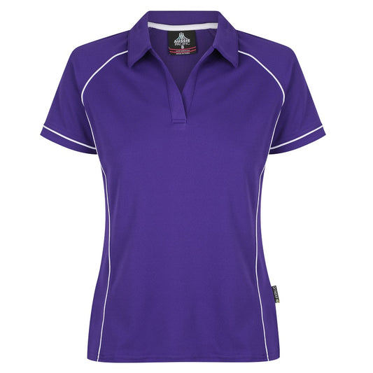 A purple and white colored Aussie Pacific Endeavour ladies polo shirt with contrast piping and a V-neck collar.