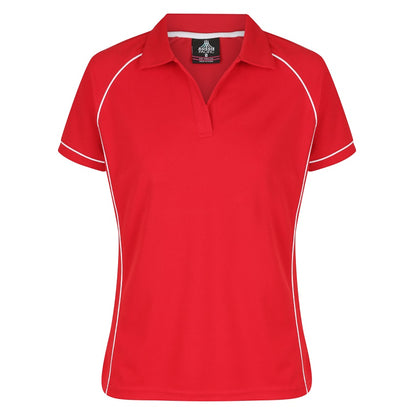 A red and white Aussie Pacific Endeavour ladies polo shirt with contrast piping and a V-neck collar.