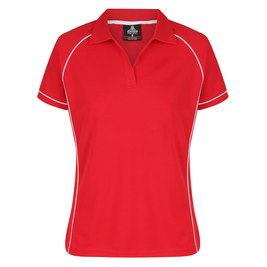 A red and white Aussie Pacific Endeavour ladies polo shirt with contrast piping and a V-neck collar.