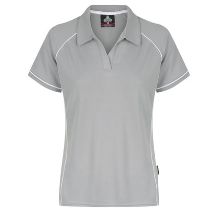 A silver and white colored Aussie Pacific Endeavour ladies polo shirt with contrast piping and a V-neck collar.