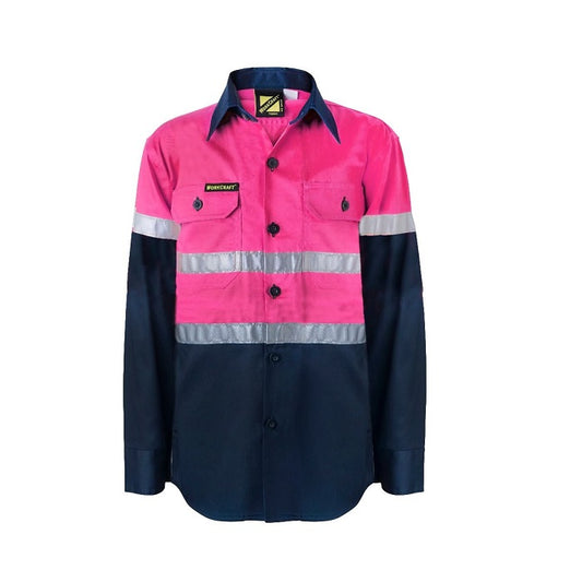 A kids' long sleeve cotton drill shirt with reflective tape, primarily pink on the upper half and navy on the lower, featuring two front pockets with button down flaps.