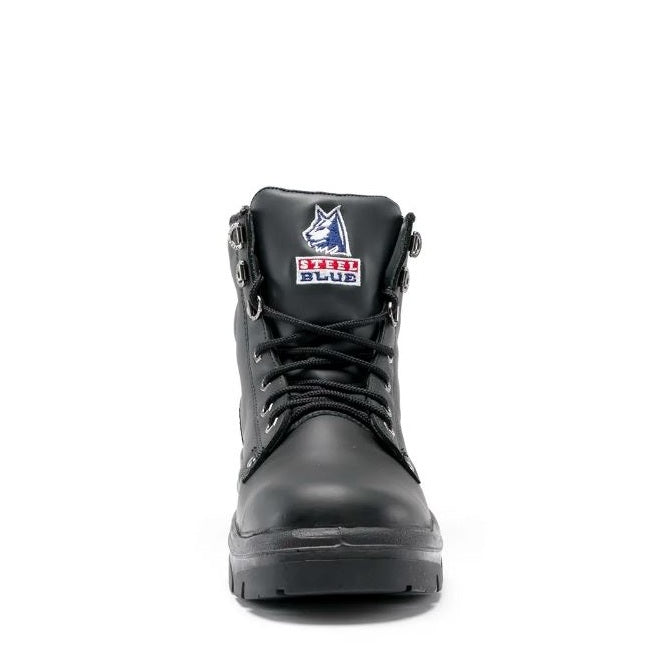 Black boot with a brand logo on a white background