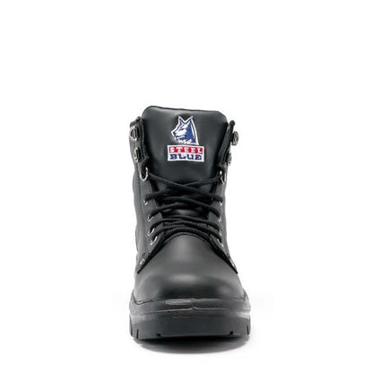 Black boot with a brand logo on a white background