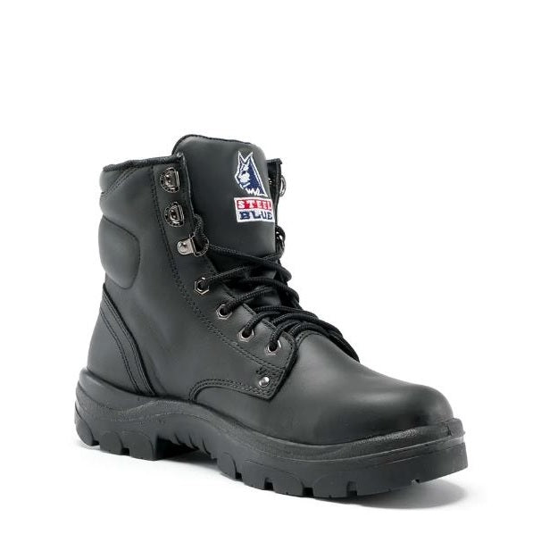 Black boot with a brand logo on a white background