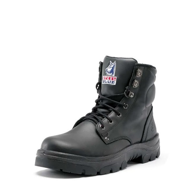 Black boot with a brand logo on a white background