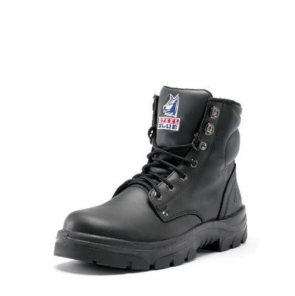 Black boot with a brand logo on a white background