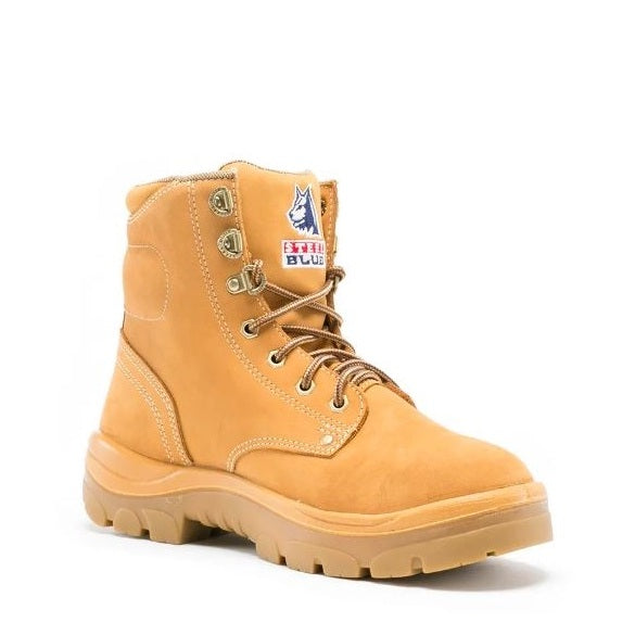 Yellow work boot with brand logo on a white background