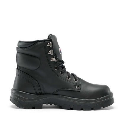 Black leather boot with laces on a white background