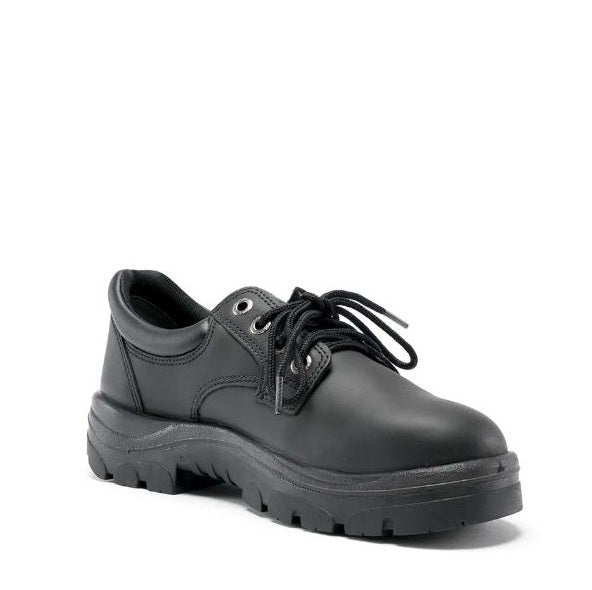 Black leather work shoe on a white background