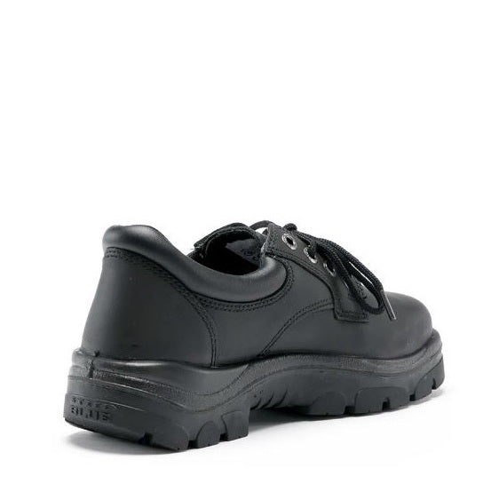 Black leather work shoe on a white background