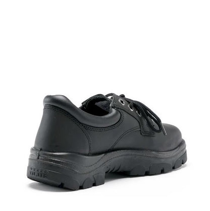 Black leather work shoe on a white background