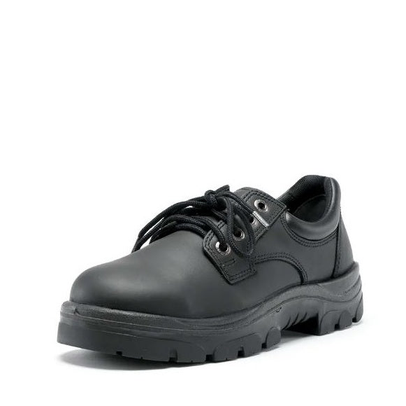 Black leather work shoe on a white background