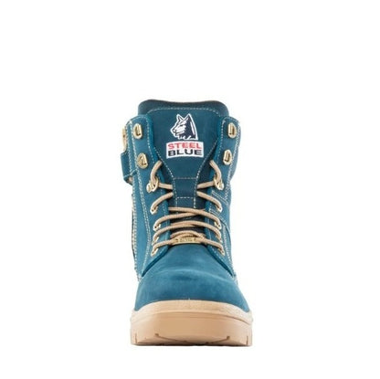 Blue boot with tan laces and sole on a white background