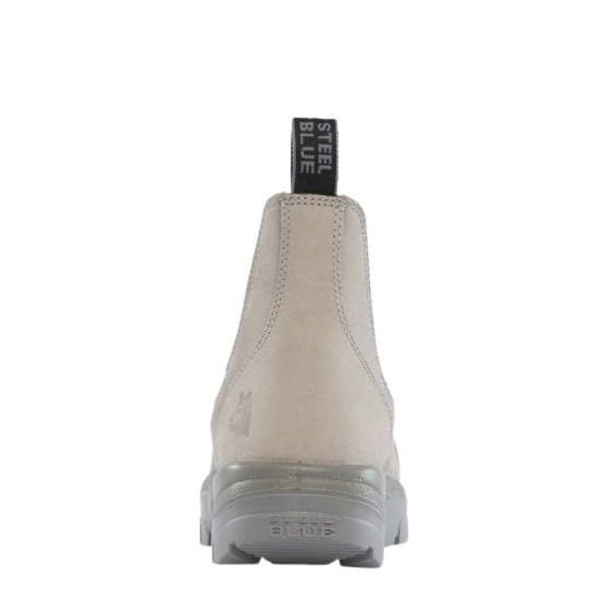White boot with 'Steel Blue' label on a white background