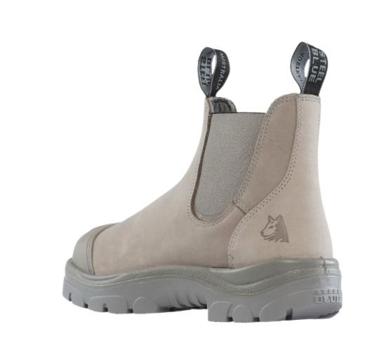 Grey boot with elastic side panels on a white background