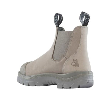 Grey boot with elastic side panels on a white background