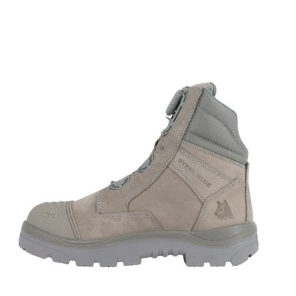 Gray boot with 'Steel Toe' marking on a white background