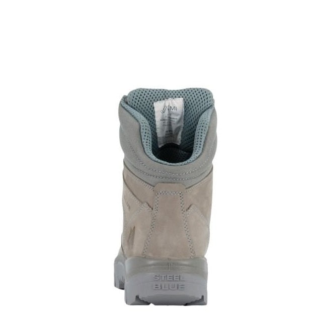 Gray boot with 'Steel Blue' branding on a white background
