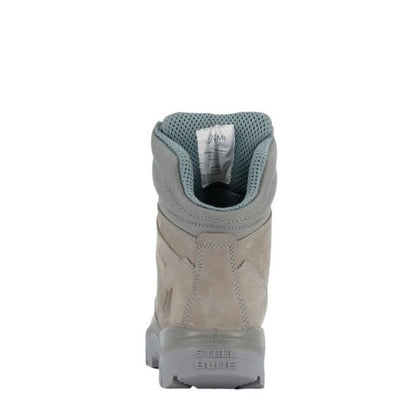 Gray boot with 'Steel Blue' branding on a white background