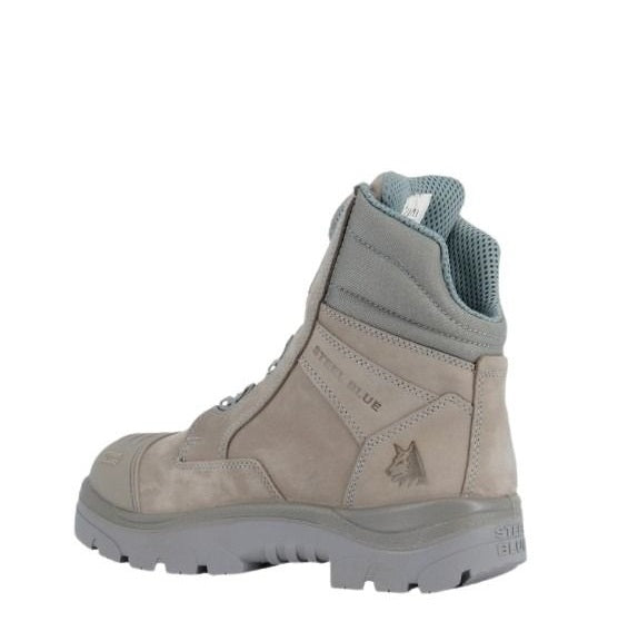 Gray boot with brand logo on a white background