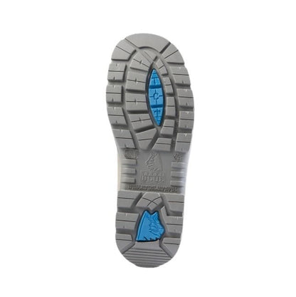 Gray and blue sole of a shoe with a brand logo on a white background