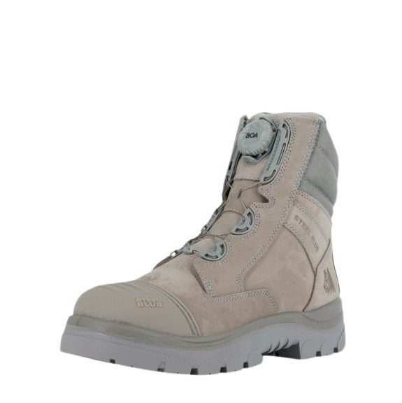 Grey high-top boot with gray accents on a white background