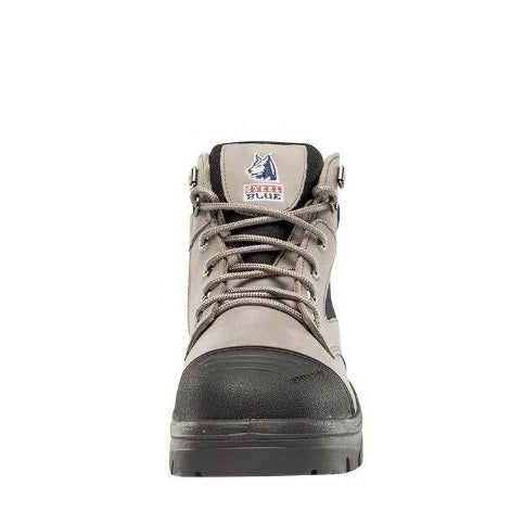 Gray work boot with black sole on a white background