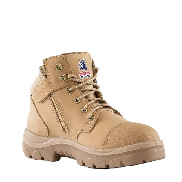 Tan work boot with brand logo on a white background