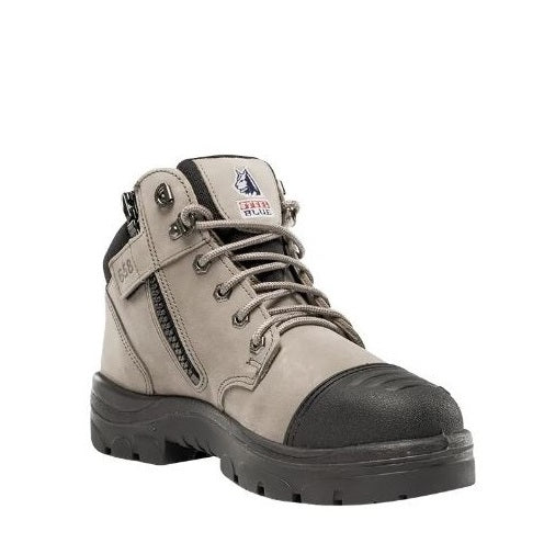 Gray work boot with black sole on a white background