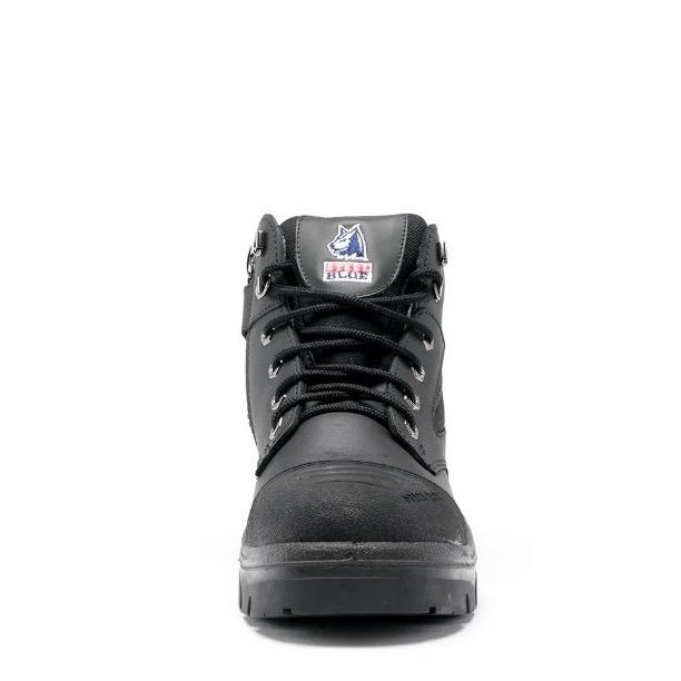 Black high-top sneaker with a brand logo on a white background