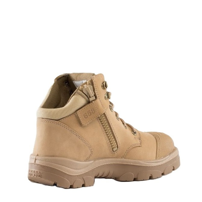 Tan boot with a visible brand logo on a white background