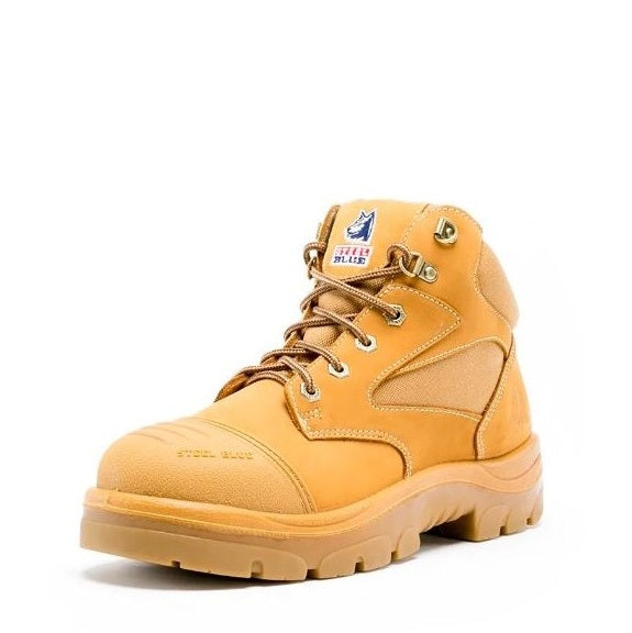 Yellow work boot with brand logo on a white background