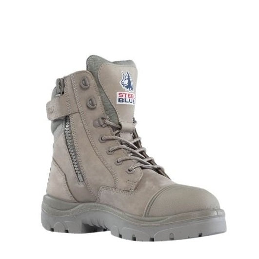 Gray work boot with a visible brand logo on a white background